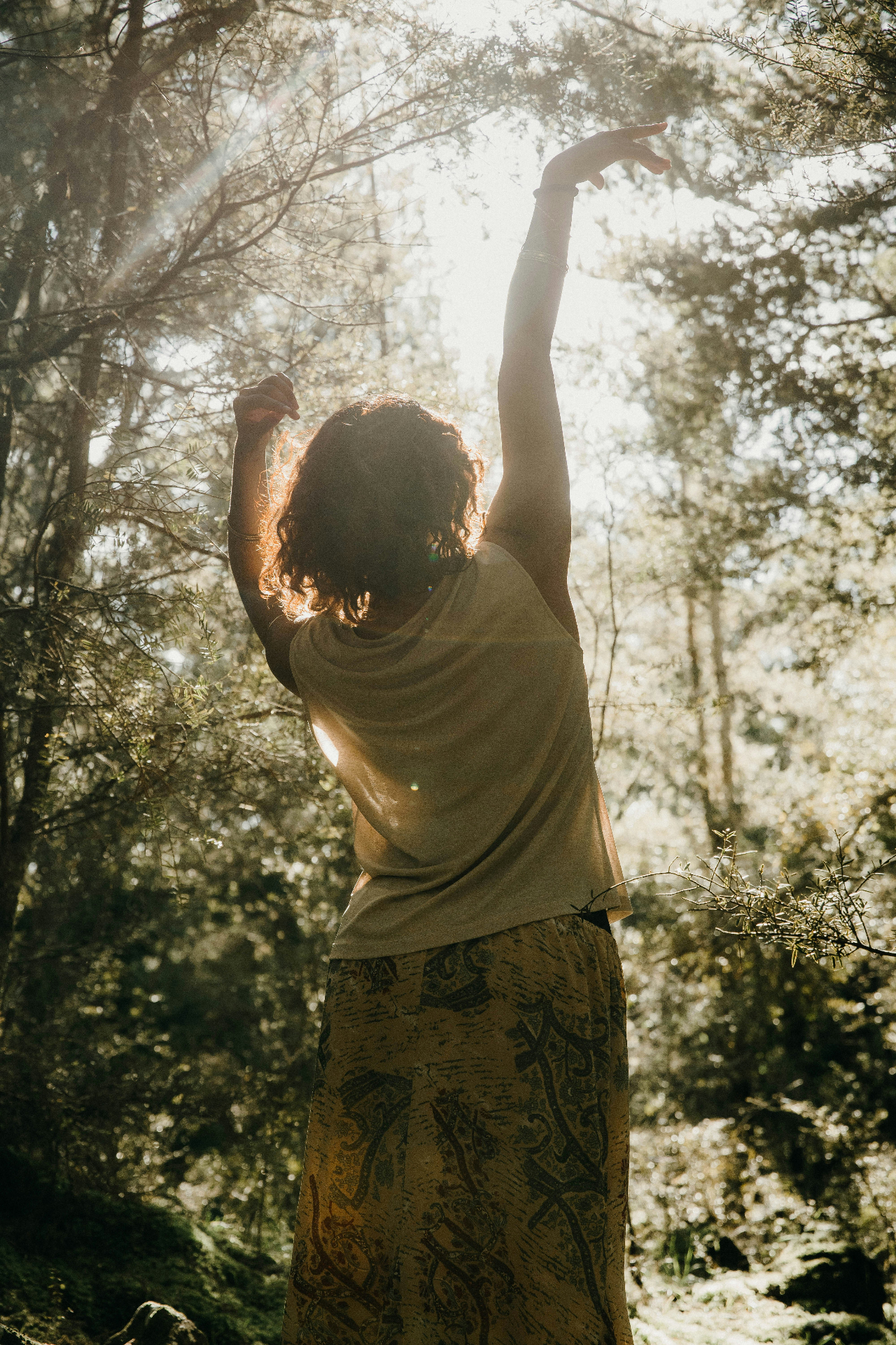 Person standing in a sunlit forest with arms raised
